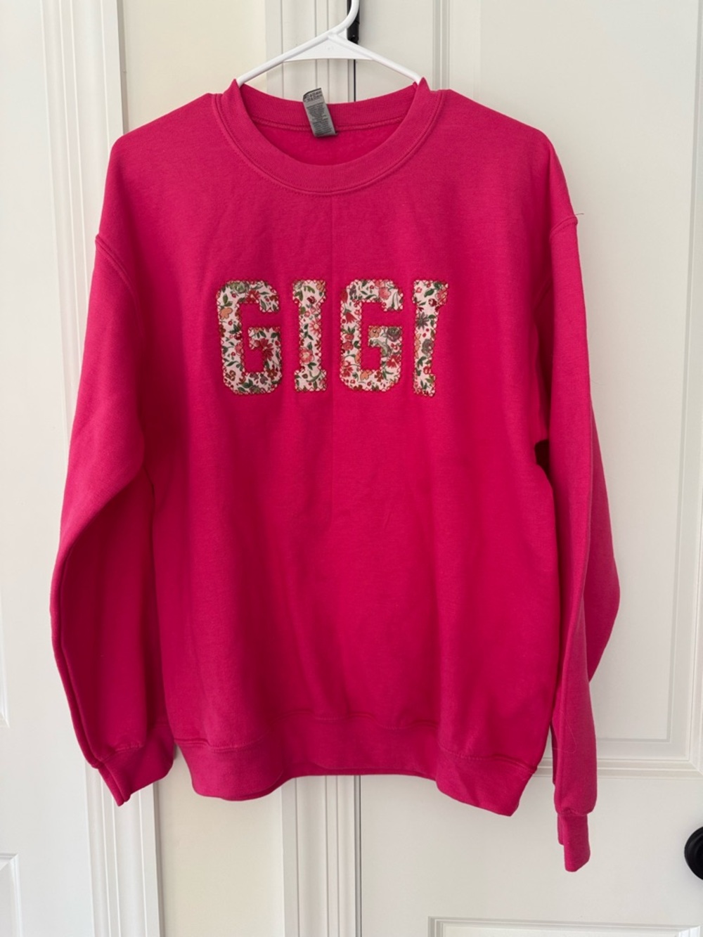 Gildan Hot Pink Crewneck Sweatshirt with Floral 'GIGI' Appliqué